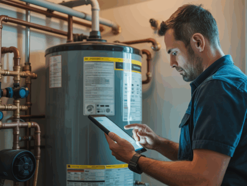 An HVAC technician examining a tank water heater in a utility room, using a tablet for diagnostics.