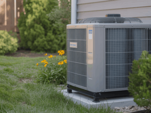 Close-up of a central HVAC unit with green grass and flowers, highlighting residential maintenance.