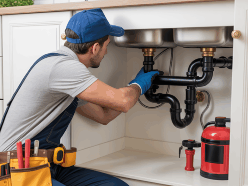 A plumber inspecting pipes under a kitchen sink with tools and safety gear.