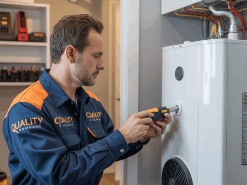 A professional HVAC technician inspecting a tankless water heater in a modern home utility room.