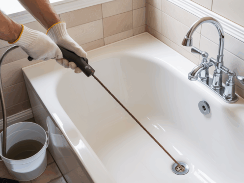 A plumber using a drain snake in a bathtub, with a bucket nearby, in a well-lit bathroom.