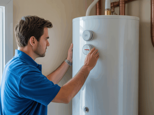 An HVAC technician adjusting a water heater thermostat in a home, ensuring safe temperature settings.
