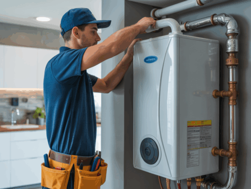 HVAC technician installing a tankless water heater in a modern home utility room.