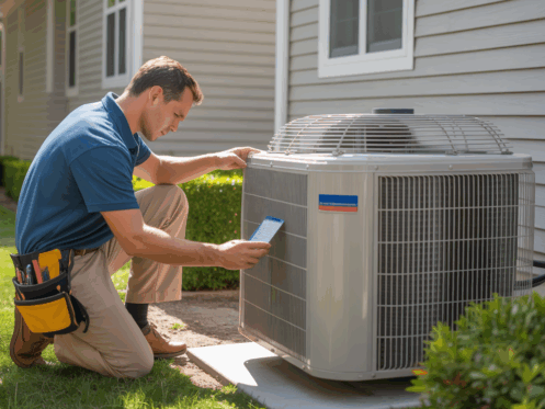 HVAC technician inspecting a central air conditioning unit outside a suburban home.