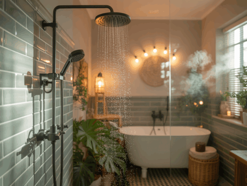 Modern bathroom with a shower, steam rising, and sunlight streaming through the window.