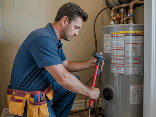 HVAC technician installing a hot water heater in a home.
