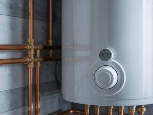 A modern water heater with visible pipes and a digital thermostat.
