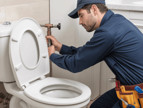 A professional plumber inspecting a toilet tank in a modern bathroom, showcasing expertise and reliability.