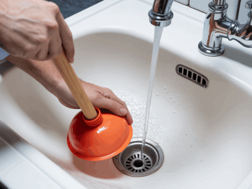 Hands using a plunger in a kitchen sink to unclog it.