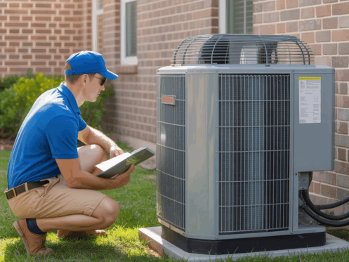 HVAC technician inspecting an outdoor central AC unit in a sunny suburban Texas setting.