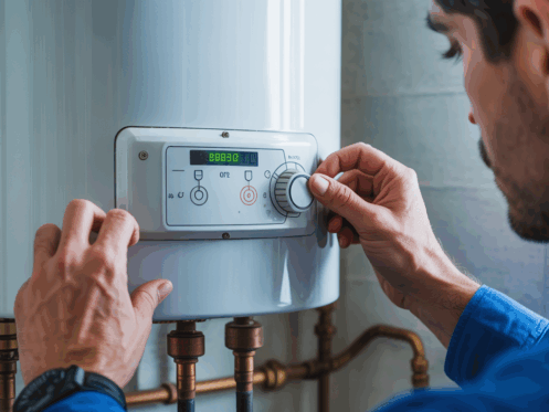 Technician adjusting a water heater control panel, showcasing maintenance precision.
