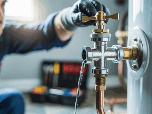 Technician testing a water heater's pressure relief valve for maintenance.