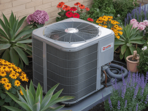 Central HVAC unit amidst flowers, representing eco-friendly and efficient service.