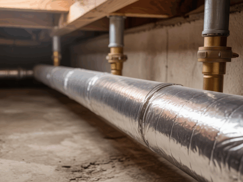 Close-up of insulated pipe in a basement.