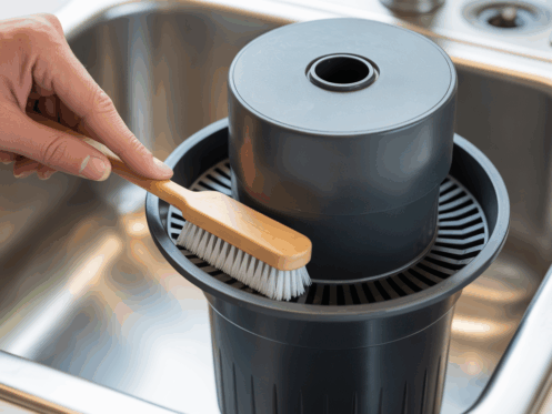 Hand cleaning a garbage disposal's rubber splash guard with a brush under a kitchen sink.