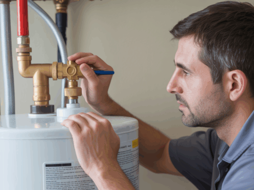 An HVAC technician examining a water heater's pressure relief valve in a home setting.