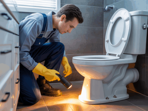 A plumber inspecting a toilet base for leaks in a modern bathroom.