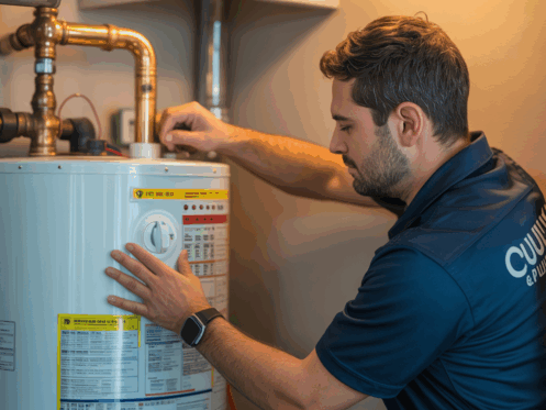 A technician performing maintenance on a water heater, adjusting temperature and pressure settings.