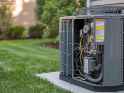 Close-up of a central air conditioning unit with internal components exposed.