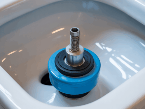 Close-up of a toilet tank with a new flapper valve installed.
