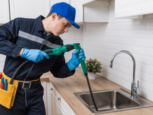 A plumber using a plumbing snake to clear a drain in a modern kitchen.