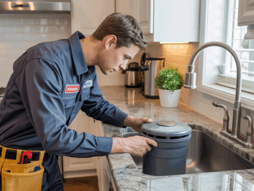 An HVAC technician inspecting a garbage disposal unit under a kitchen sink in a modern kitchen.