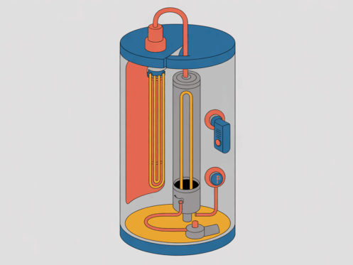 Cutaway illustration of a water heater, displaying internal components such as the tank and thermostat for educational purposes.