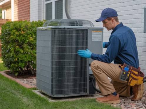 A technician working on an outdoor central air conditioning unit in a suburban backyard, showcasing professional HVAC maintenance.
