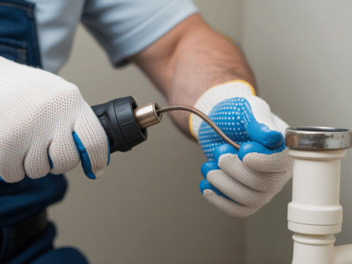 Close-up of gloved hands using a drain snake tool, demonstrating drain cleaning.