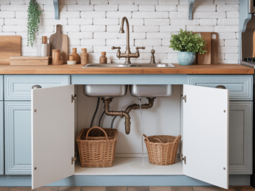 Open cabinet doors under a kitchen sink with a dripping faucet in a Texan home.