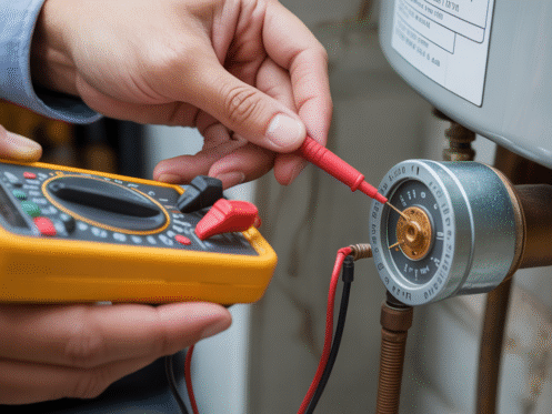Hands using a multimeter to test a water heater element, demonstrating troubleshooting expertise.