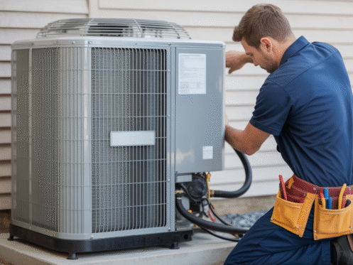 Technician performing maintenance on a central air conditioning unit.