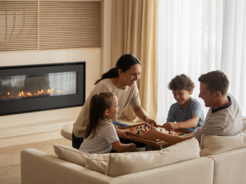 Family relaxing indoors with an HVAC system visible in the background for a cozy home.