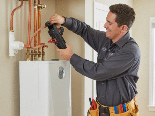 An HVAC technician installing a tankless water heater in a home, showcasing professional service and expertise.