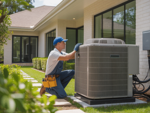 An HVAC technician servicing a central unit outside a Texas home with greenery and a sunny sky.