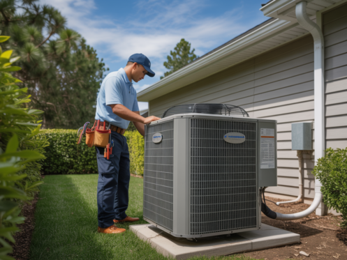 HVAC technician inspecting an outdoor air conditioning unit at a suburban home.