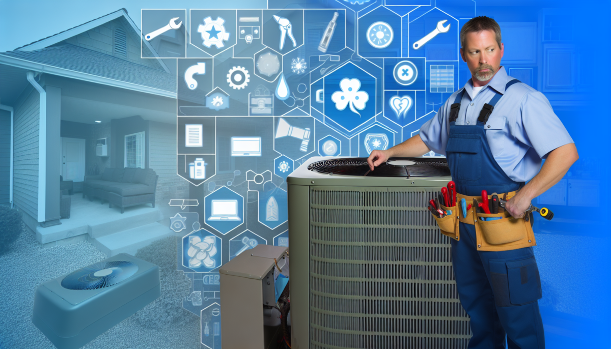 A professional HVAC technician examines an air conditioning unit in a well-maintained home, symbolizing Quality Cooling & Heating's services.