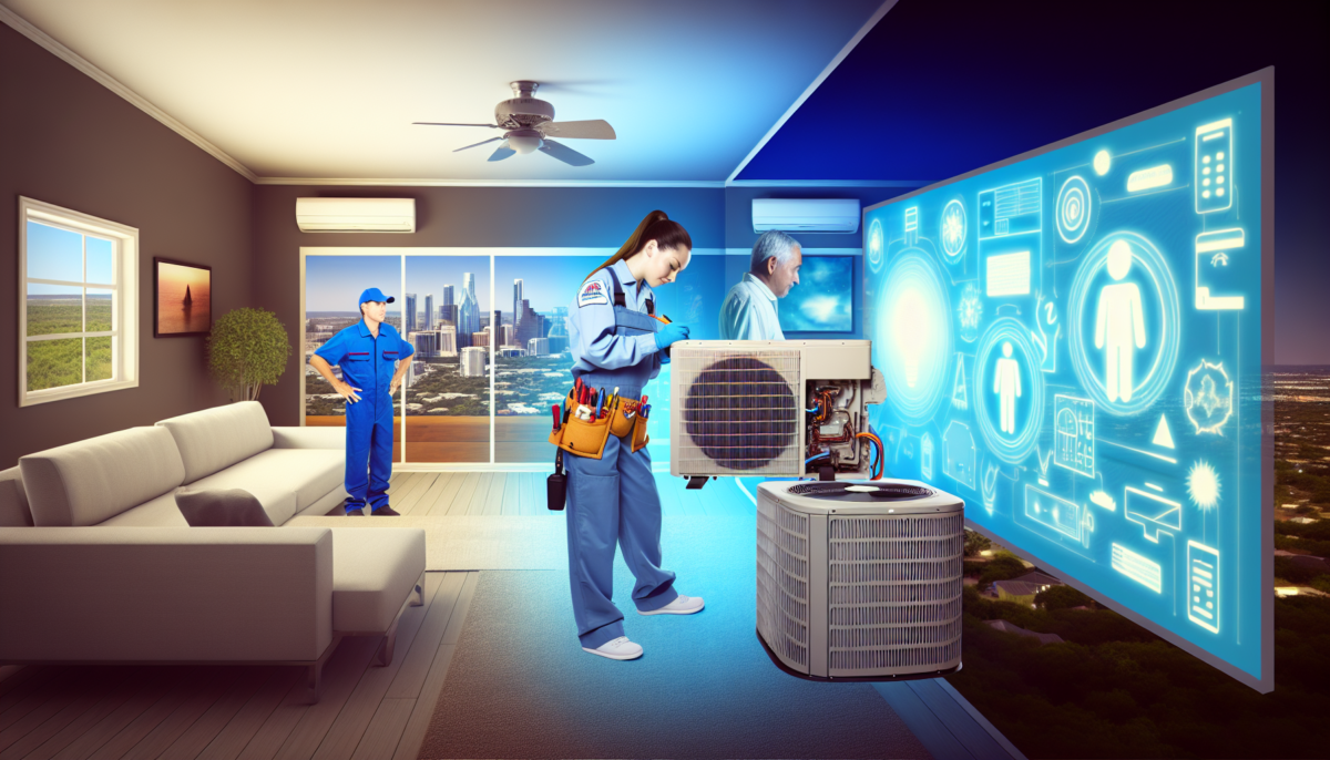 A professional HVAC technician examines an air conditioning unit in a cozy home with a satisfied homeowner nearby, featuring tools, emergency icon, and local Texas elements.