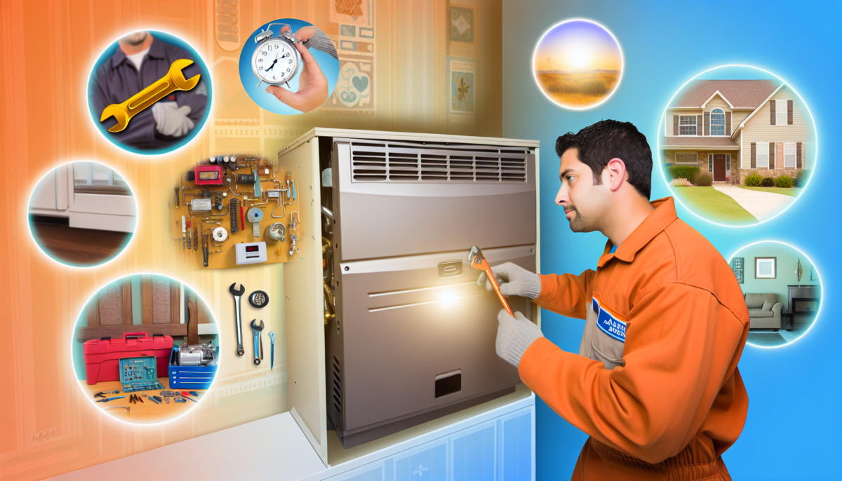 A technician examines a furnace with tools in a cozy, well-maintained home interior, featuring warm blue and orange tones and subtle Texas-style elements.