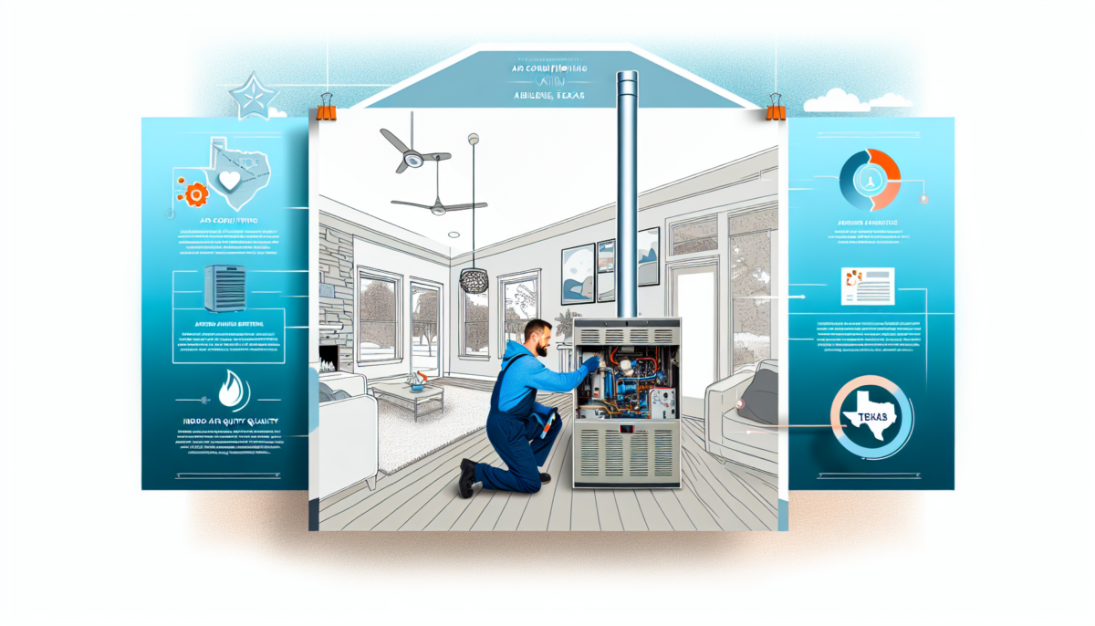 A professional HVAC technician examines a modern furnace in a cozy, well-maintained home interior, with subtle Texas-themed elements and symbols of air conditioning, heating, and indoor air quality.