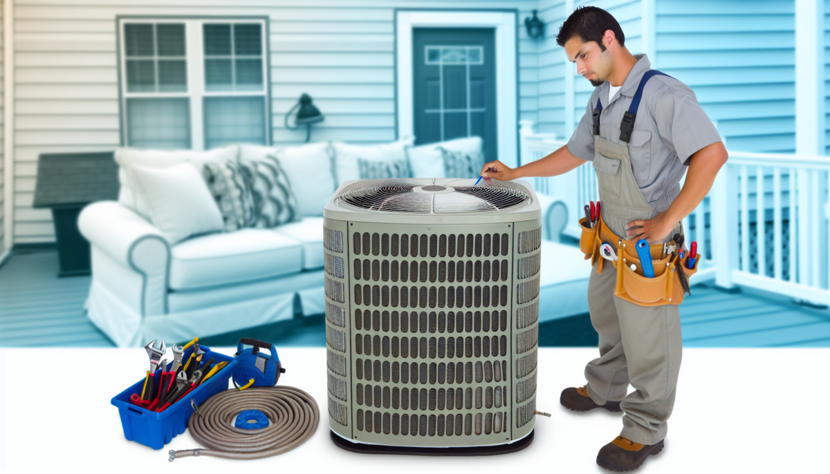 A professional technician cleaning the coils of a well-maintained AC unit outside a comfortable home, with Texas motifs and HVAC tools in the background.