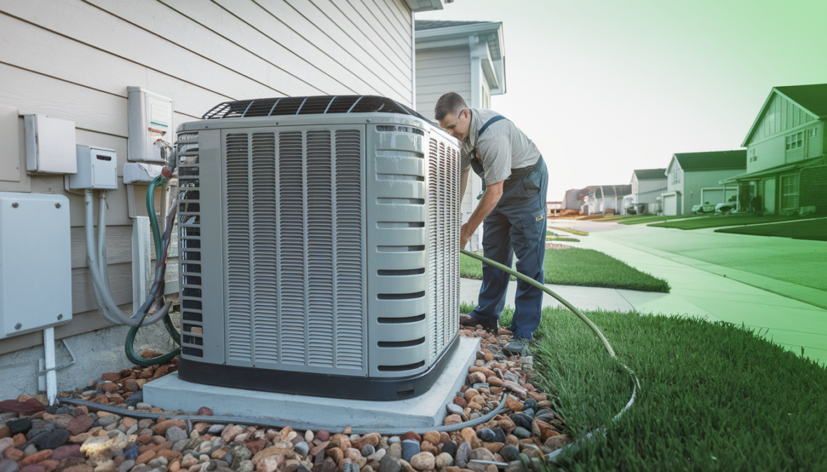 A technician in uniform performs maintenance on an air conditioning unit outside a modern home in a warm Texas suburban neighborhood.
