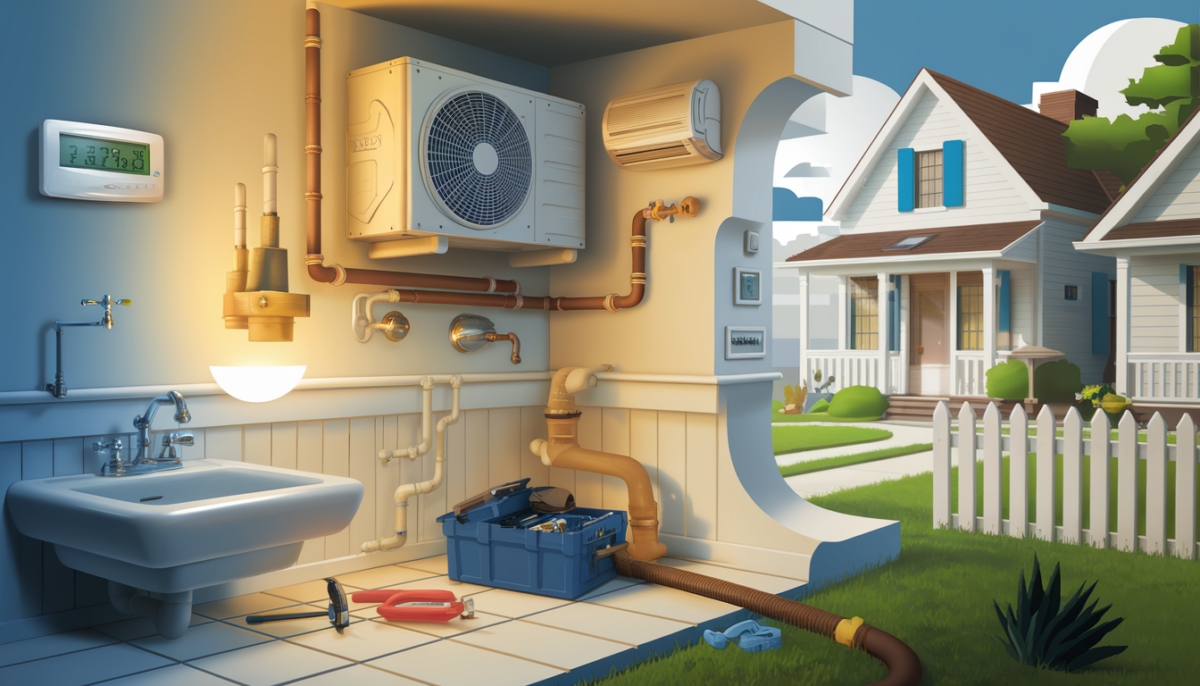 A cozy suburban Texas home environment showcasing HVAC and plumbing elements with symbols of air conditioning, heating, and emergency readiness.