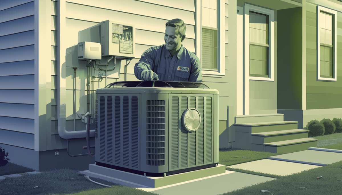A friendly HVAC technician performs maintenance on an air conditioning unit outside a modern Texas home, symbolizing clean air and reliability.
