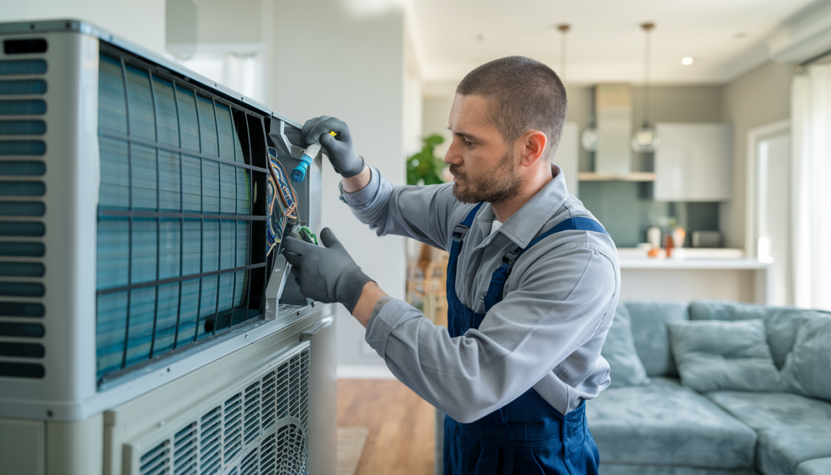 A professional HVAC technician cleaning indoor AC coils in a modern, comfortable home interior.
