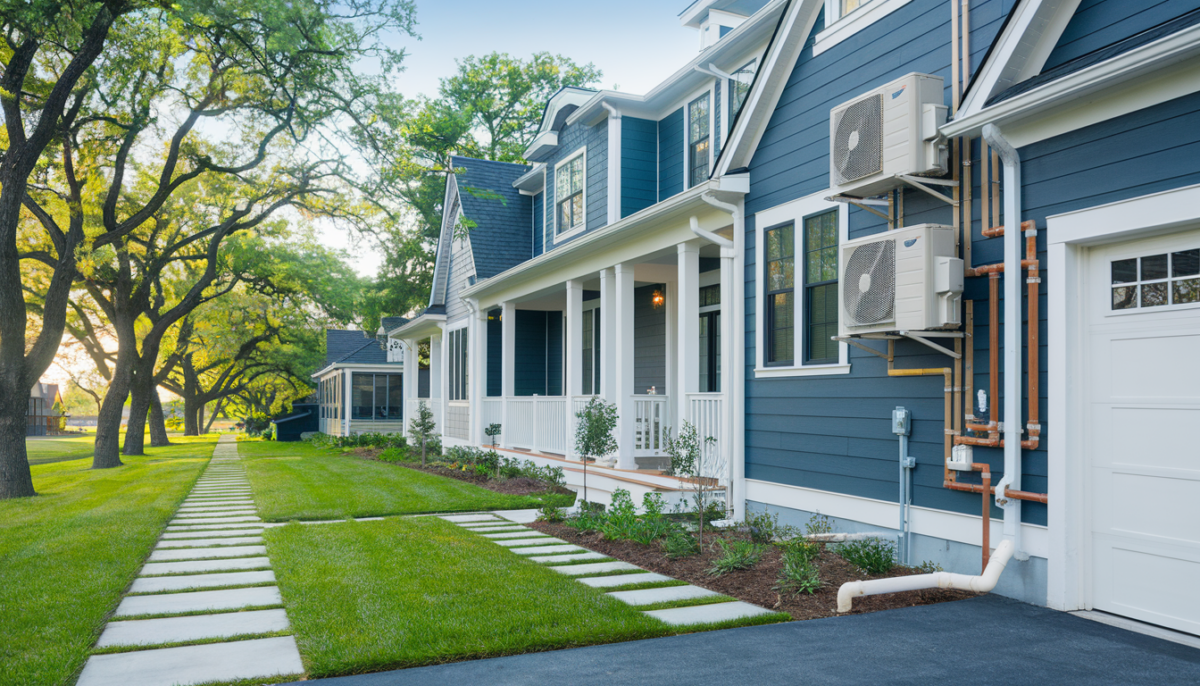 A modern home with visible HVAC and plumbing systems, set in a serene residential environment with a blue and green color palette.