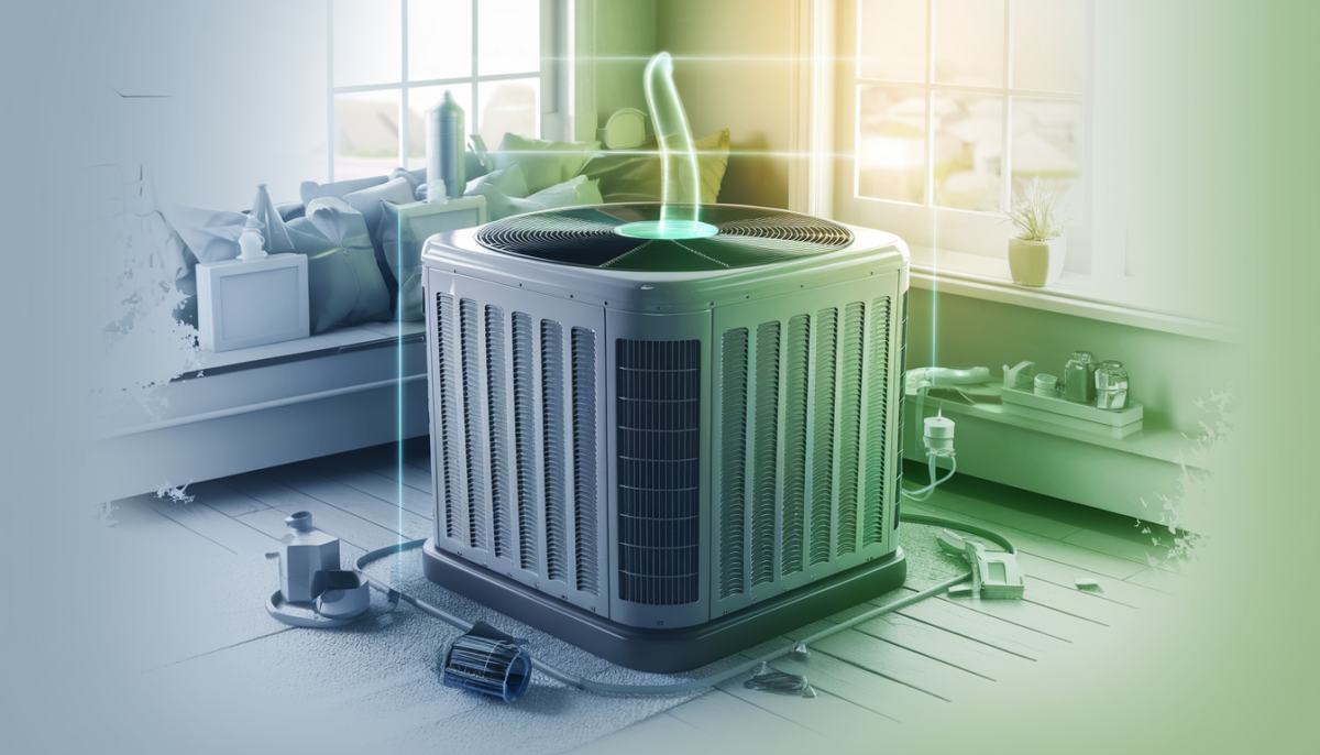 A modern air conditioning unit in a well-maintained home with a technician's toolkit and clean air filters, set against a subtly Texas-inspired background.