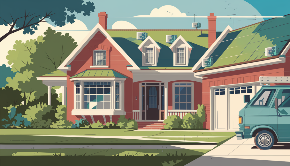 A suburban Texas home in warm sunlight with lush greenery, discreet HVAC units, and a technician's van nearby, conveying comfort and reliability.
