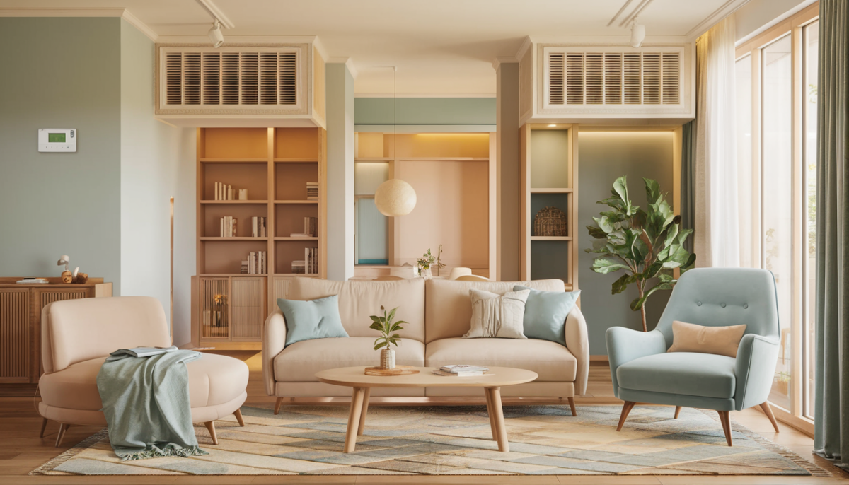 Modern living room interior with visible HVAC vents, a thermostat, and Texas-style decor.