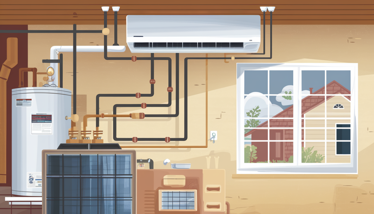 A modern home interior featuring an efficient HVAC system and a well-maintained water heater, with visible plumbing elements in a warm, inviting setting.